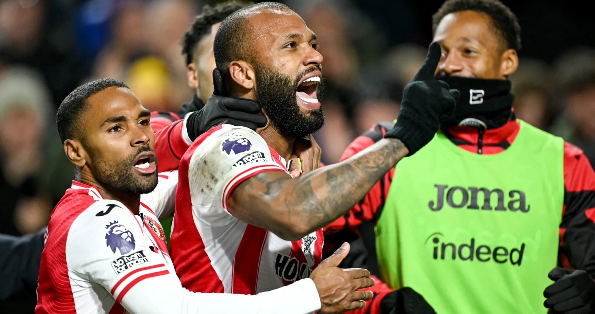 Brentford players celebrating a goal during match