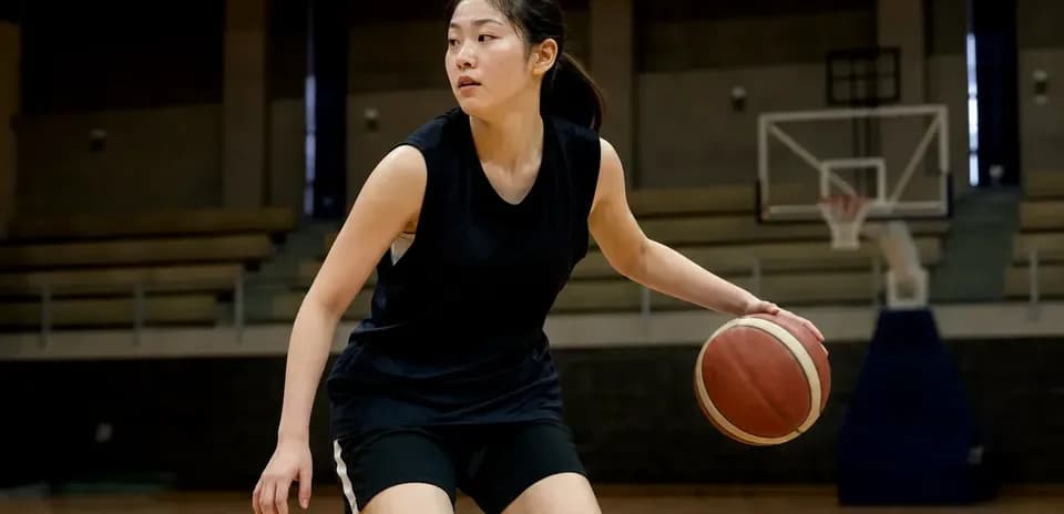 Female basketball player dribbling on court