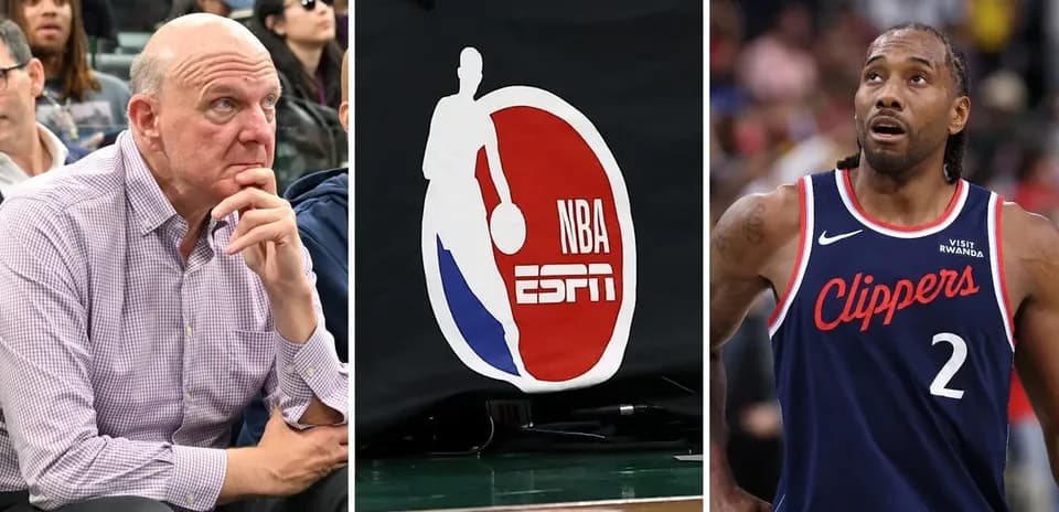 Steve Ballmer, NBA logo, and Kawhi Leonard on court