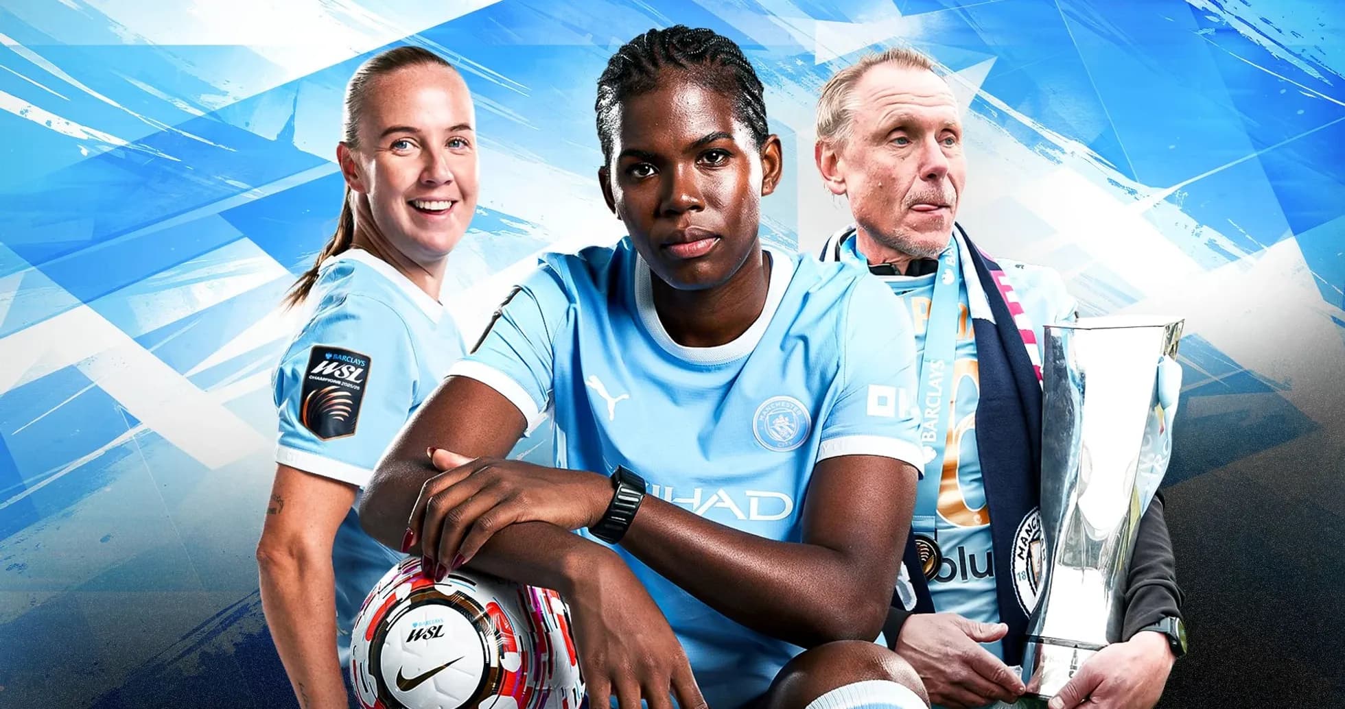 Three Manchester City players posing with a trophy