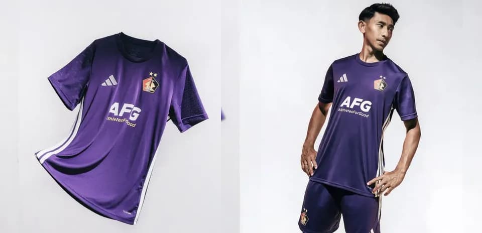 Purple football jersey displayed with player wearing it