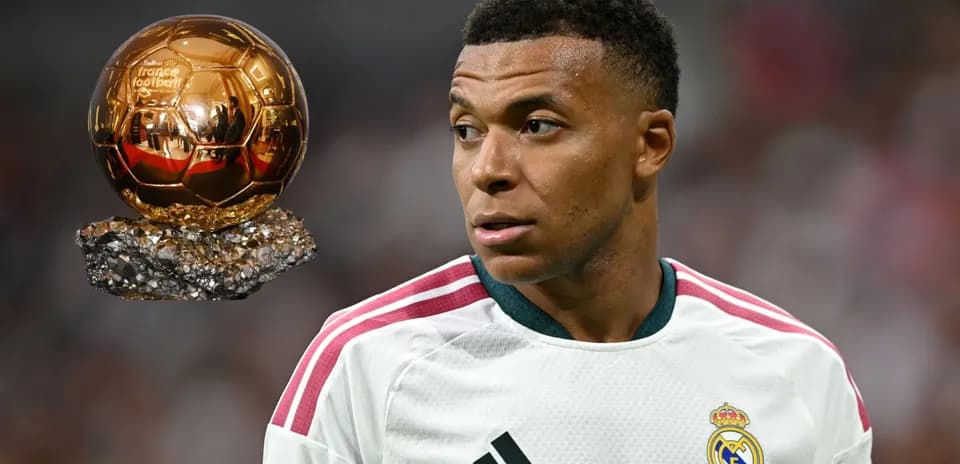 Player in Real Madrid kit with Ballon d'Or trophy