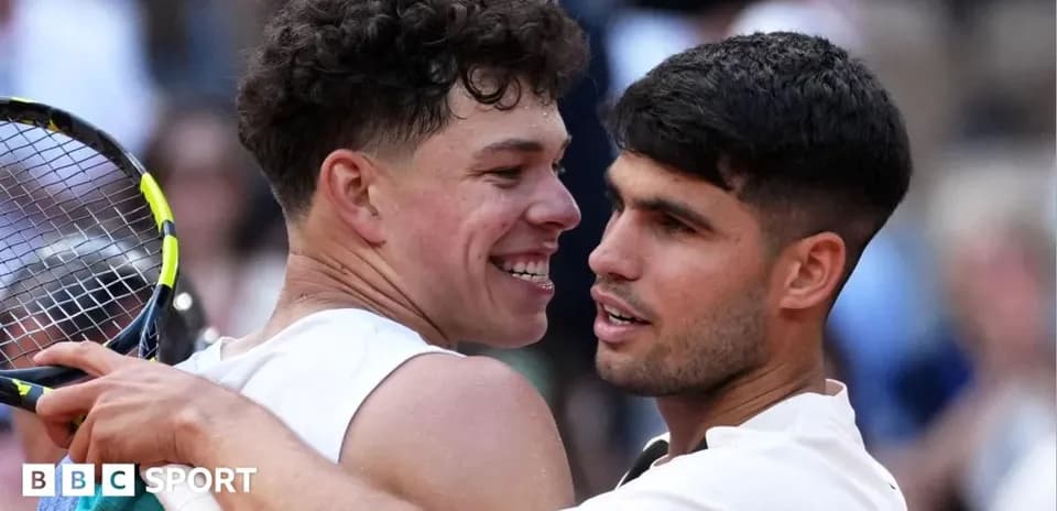Two tennis players celebrating after a match