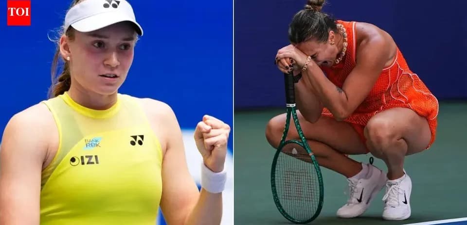 Two tennis players during a match, one celebrating
