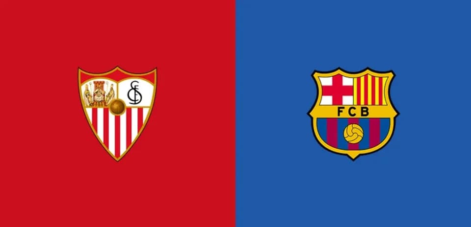 Logos of Sevilla FC and FC Barcelona on colored backgrounds