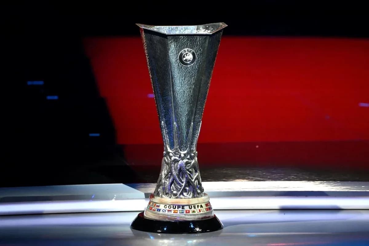 UEFA Europa League trophy displayed on podium