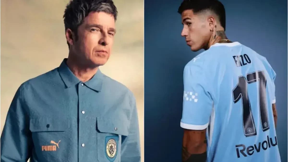 Man in blue shirt and football player in jersey