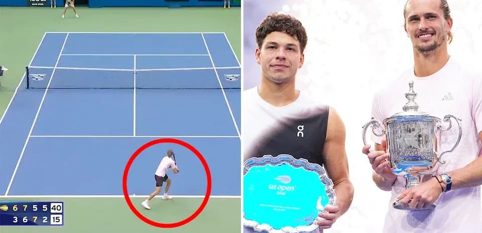 Tennis match action and trophy presentation at US Open