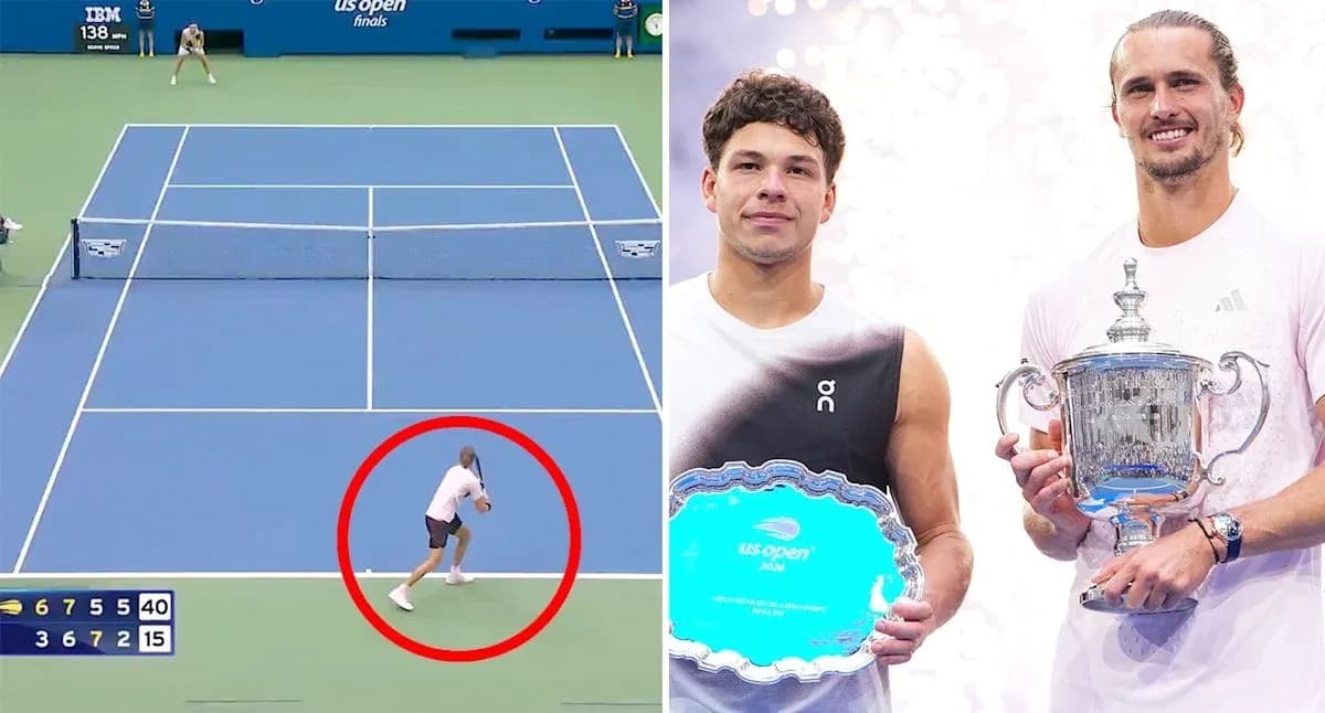 Tennis match action and trophy presentation at US Open