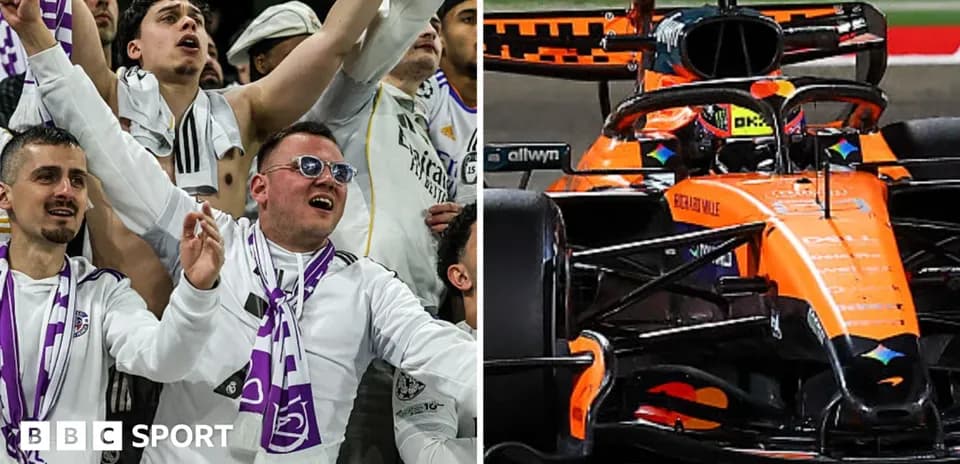 Fans celebrating on one side, McLaren F1 car on the other