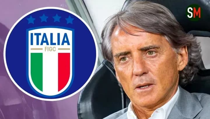 Coach Roberto Mancini with Italy national team logo Coach Roberto Mancini with Italy national team logo