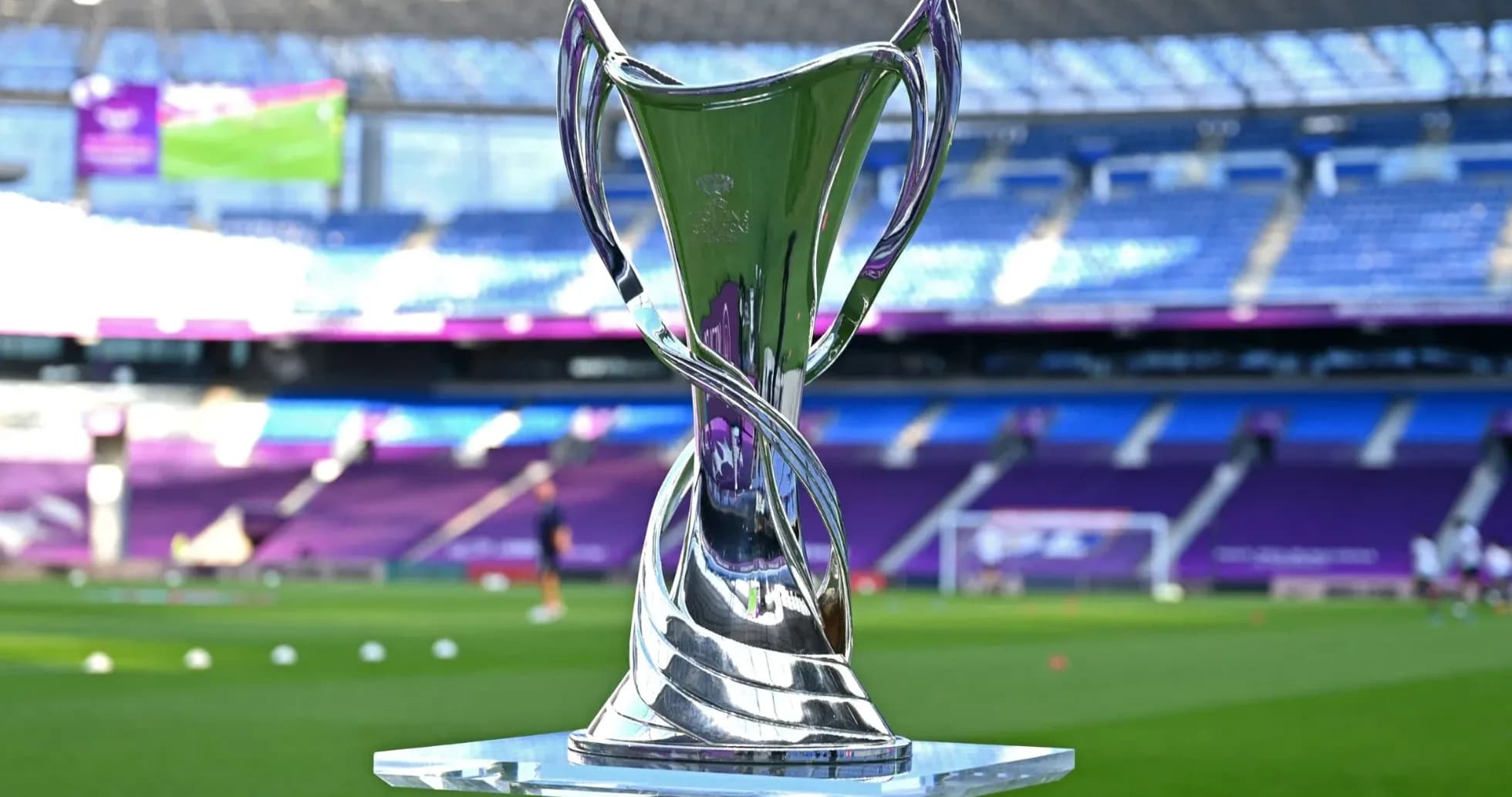 Trophy displayed on the pitch before the match