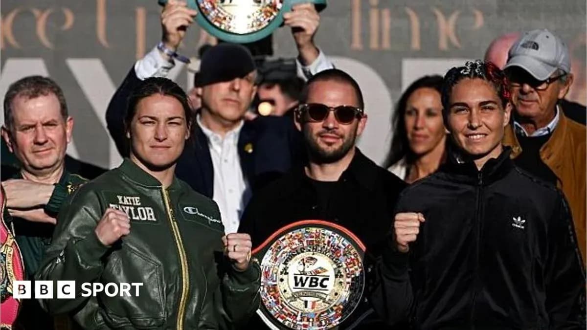 Boxers Katie Taylor and challenger posing at weigh-in