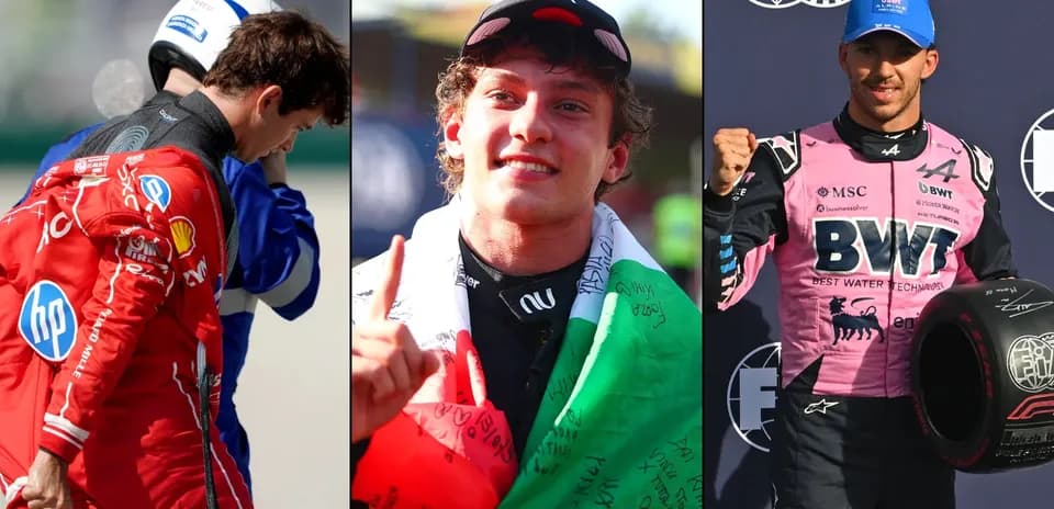 Three Formula 1 drivers celebrating and interacting