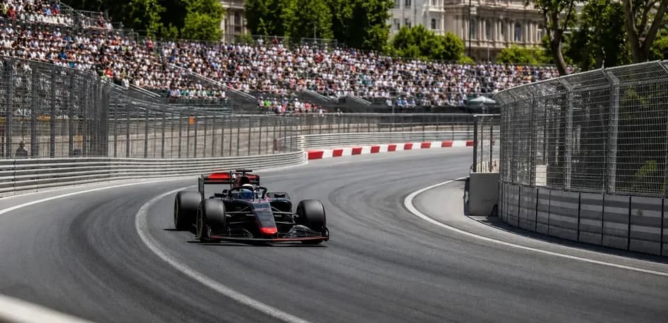 Formula 1 car navigating a turn on the circuit
