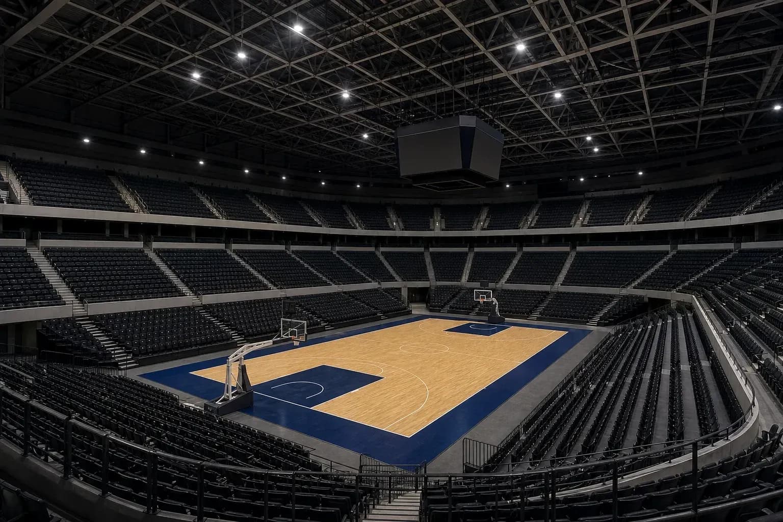 Empty basketball arena with court and seating
