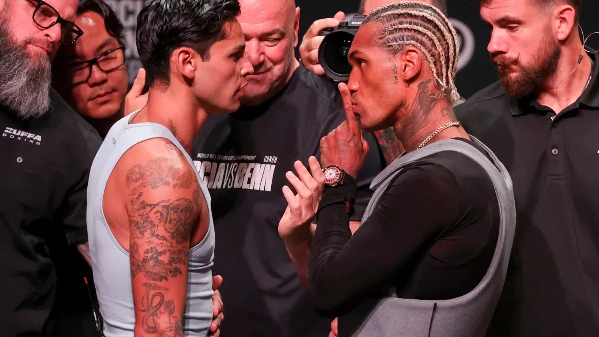 Boxers facing off during weigh-in event