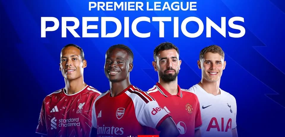 Four football players in team jerseys with predictions text