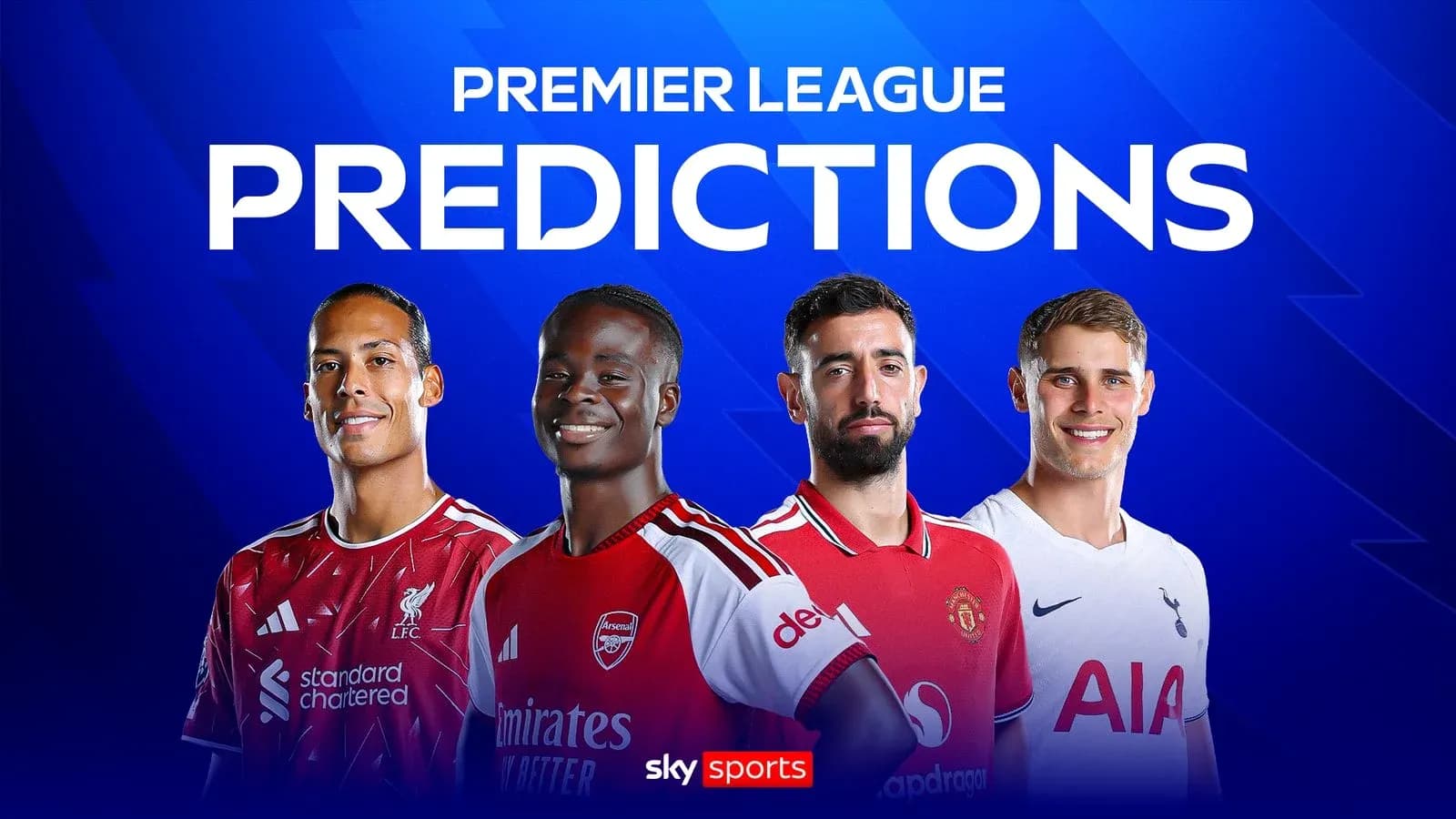 Four football players in team jerseys with predictions text