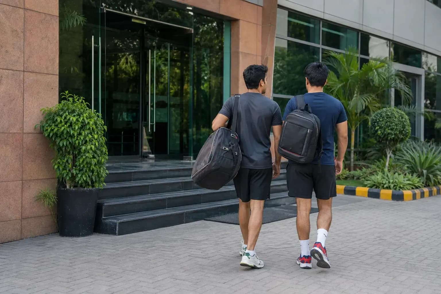 Two players walking towards building entrance with bags
