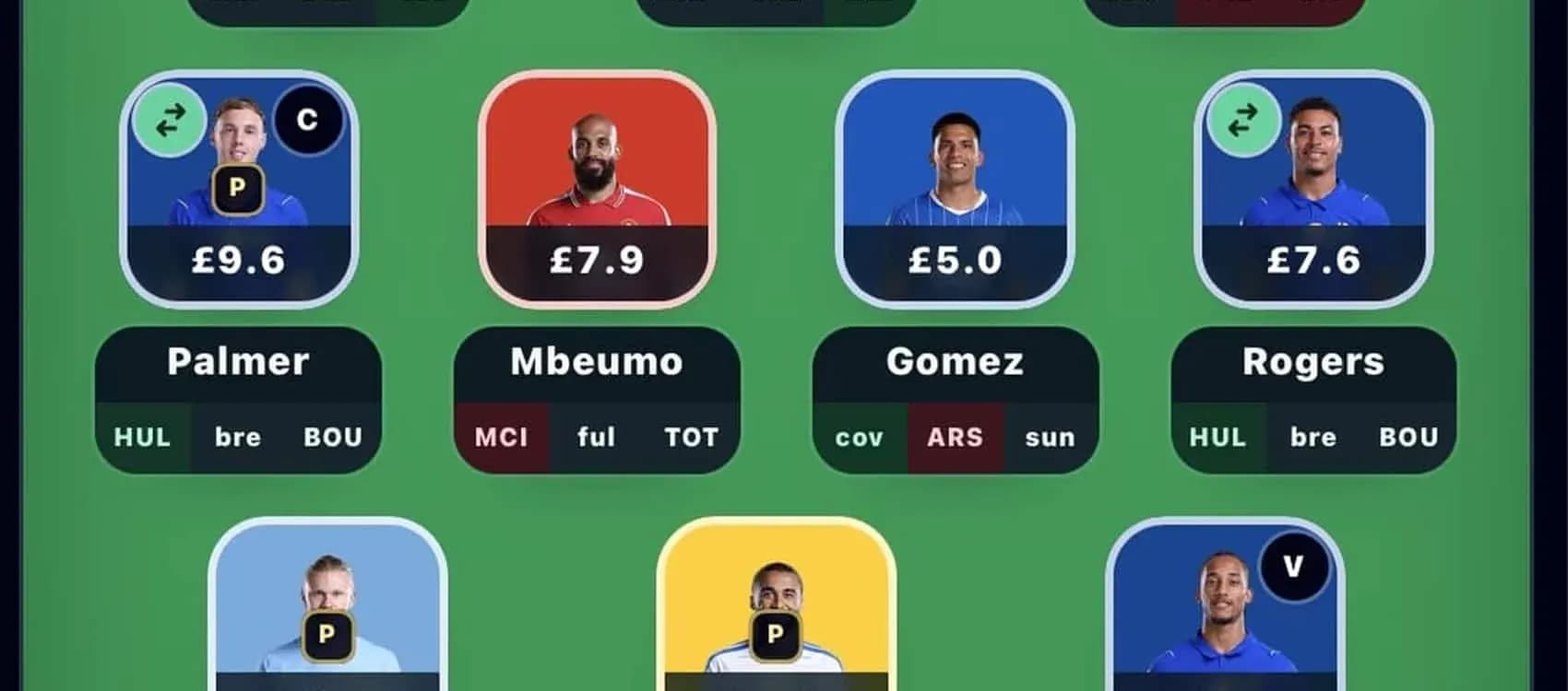 Fantasy football player selection screen with prices
