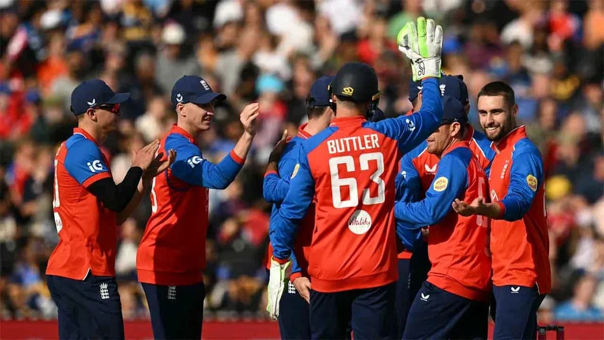 England cricket team celebrating a wicket on field