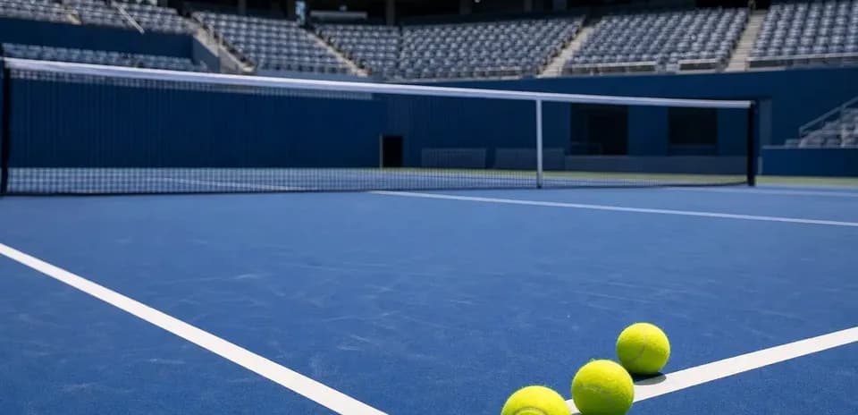 Three tennis balls on blue court with net