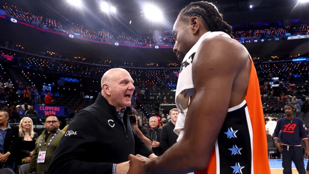Kawhi Leonard and team owner Steve Ballmer celebrating Kawhi Leonard and team owner Steve Ballmer celebrating