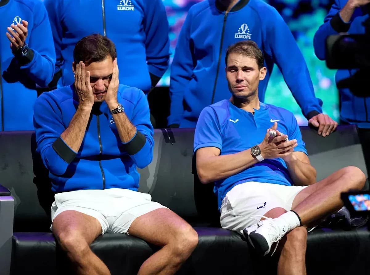 Roger Federer and Rafael Nadal during emotional moment Roger Federer and Rafael Nadal during emotional moment