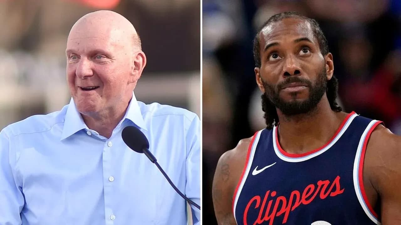 Steve Ballmer speaking; Kawhi Leonard in Clippers uniform Steve Ballmer speaking; Kawhi Leonard in Clippers uniform