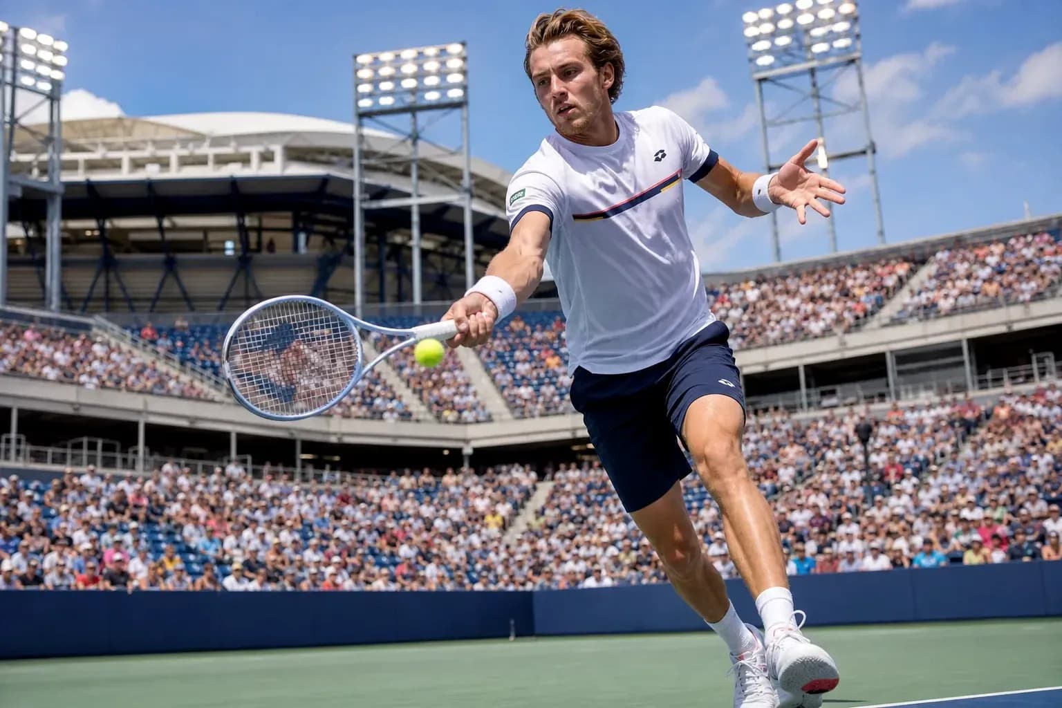 Player hitting a forehand during tennis match Player hitting a forehand during tennis match