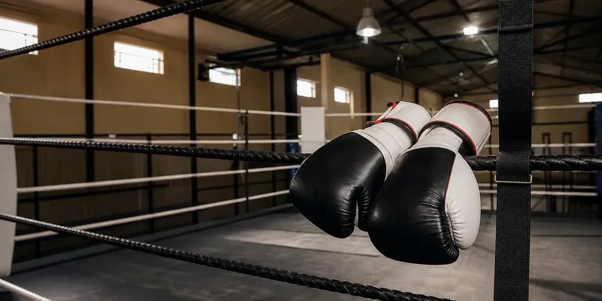 Boxing gloves hanging on the ring ropes Boxing gloves hanging on the ring ropes