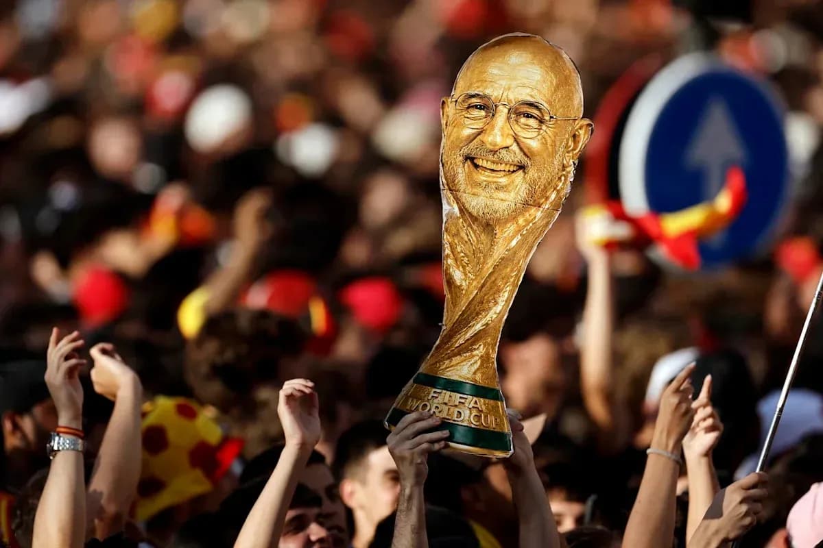 Crowd celebrating with FIFA World Cup trophy Crowd celebrating with FIFA World Cup trophy