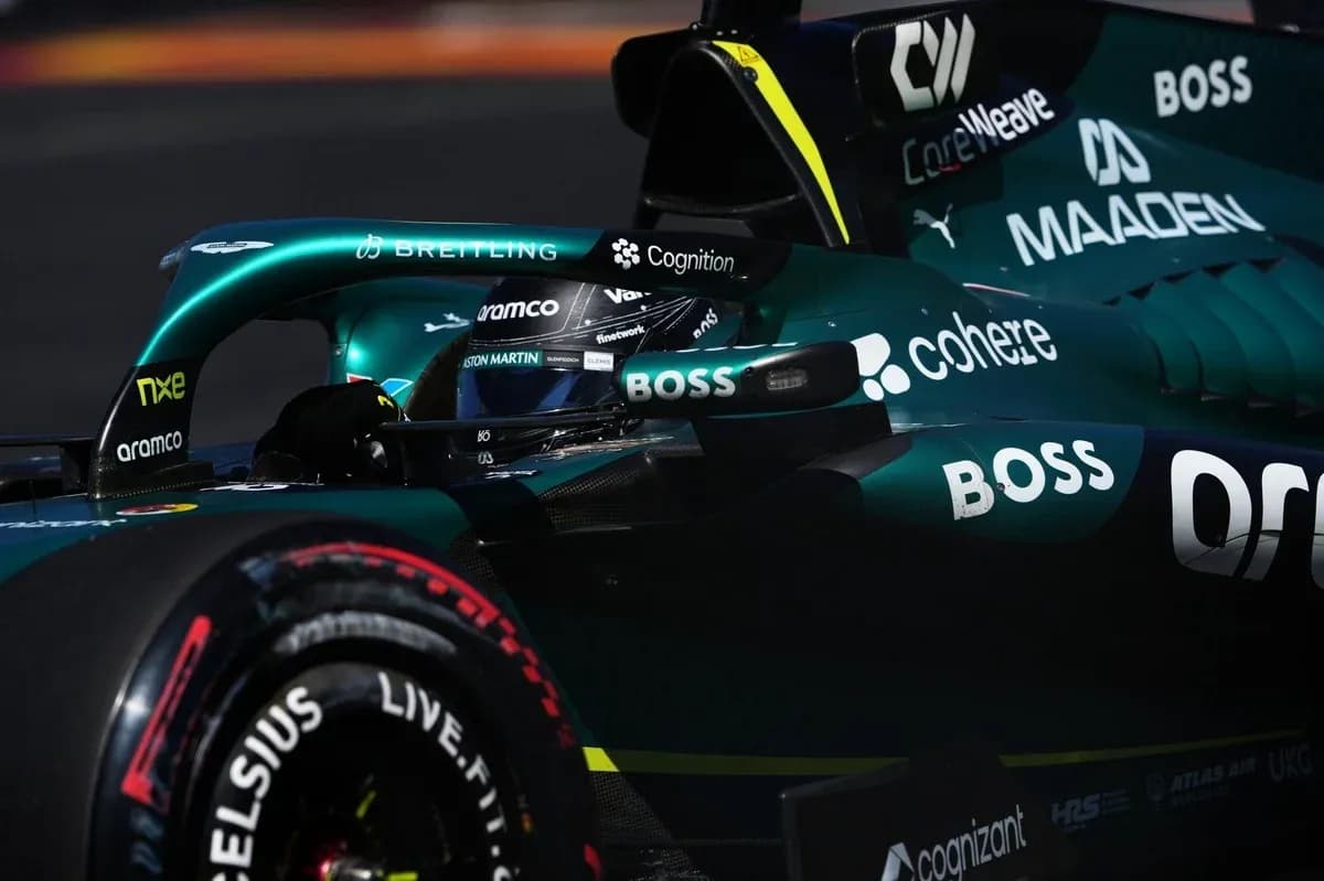 Aston Martin Formula 1 car on track during race Aston Martin Formula 1 car on track during race