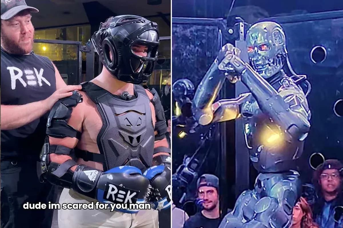 Person in protective gear next to humanoid robot Person in protective gear next to humanoid robot