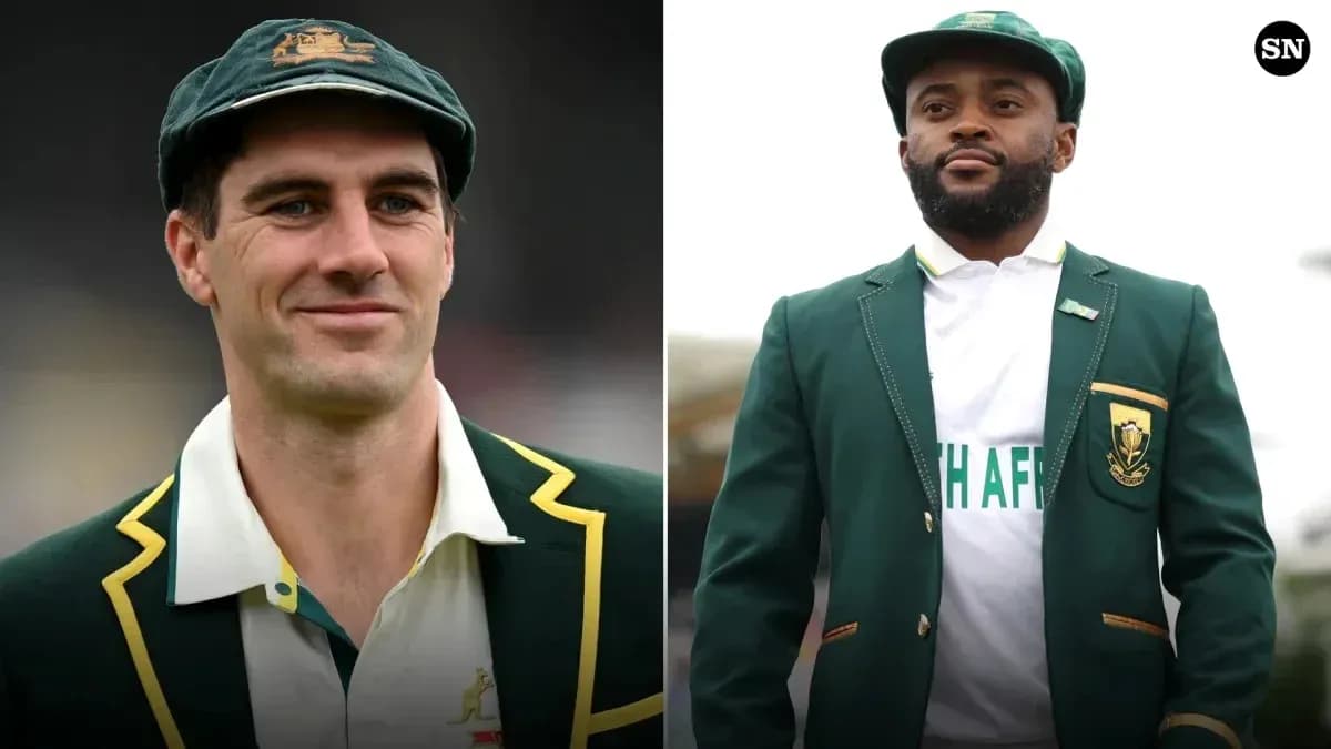 Two cricket players in team blazers and caps Two cricket players in team blazers and caps