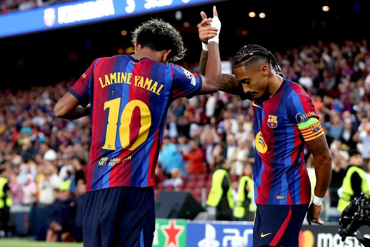 Lamine Yamal celebrating with teammate after scoring Lamine Yamal celebrating with teammate after scoring