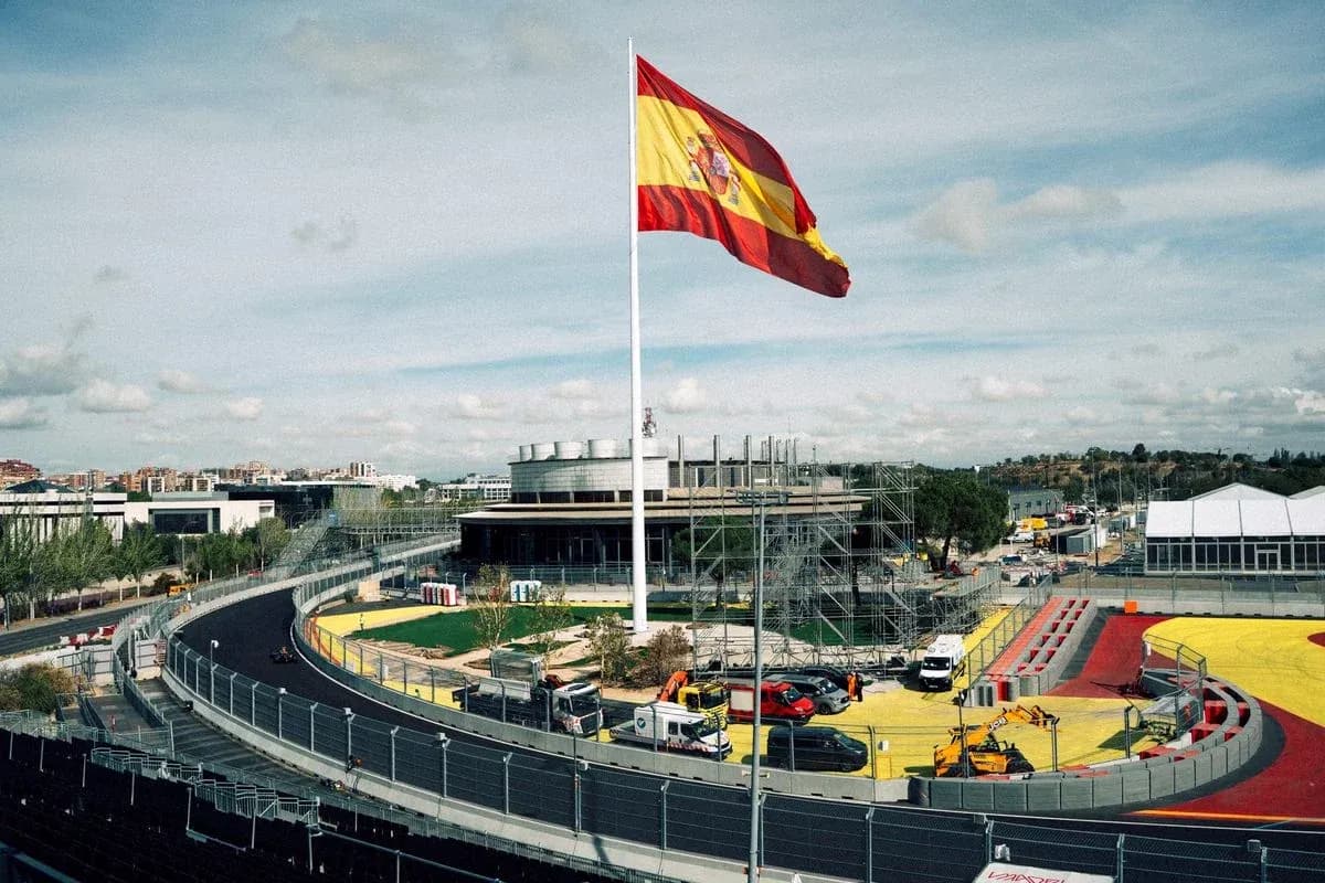 Spanish flag flying over a racetrack under construction Spanish flag flying over a racetrack under construction