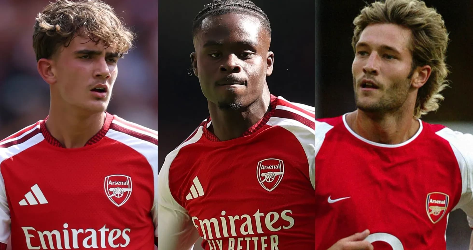 Three Arsenal players in red jerseys Three Arsenal players in red jerseys