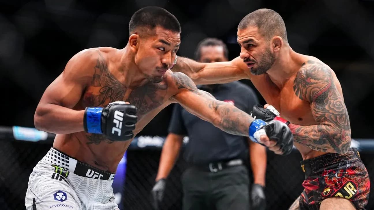 Two fighters exchanging punches in UFC match Two fighters exchanging punches in UFC match
