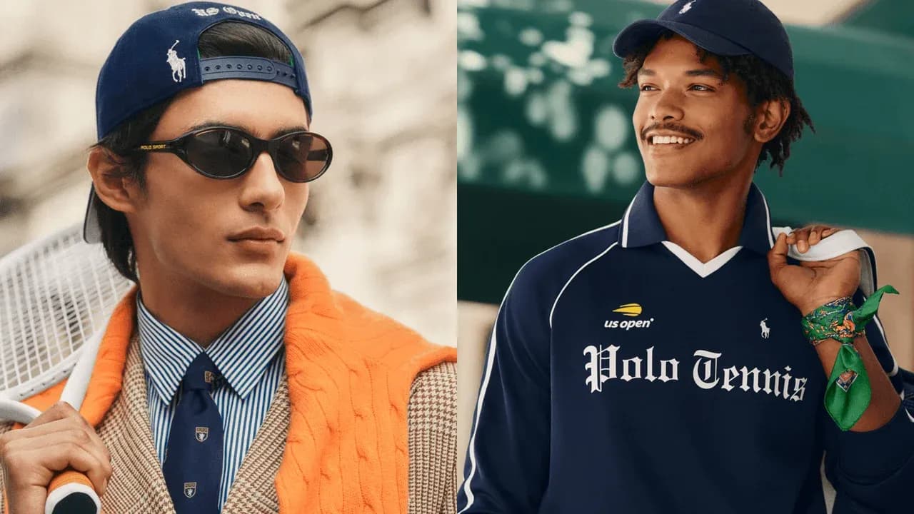 Two models showcasing tennis-themed fashion outfits Two models showcasing tennis-themed fashion outfits