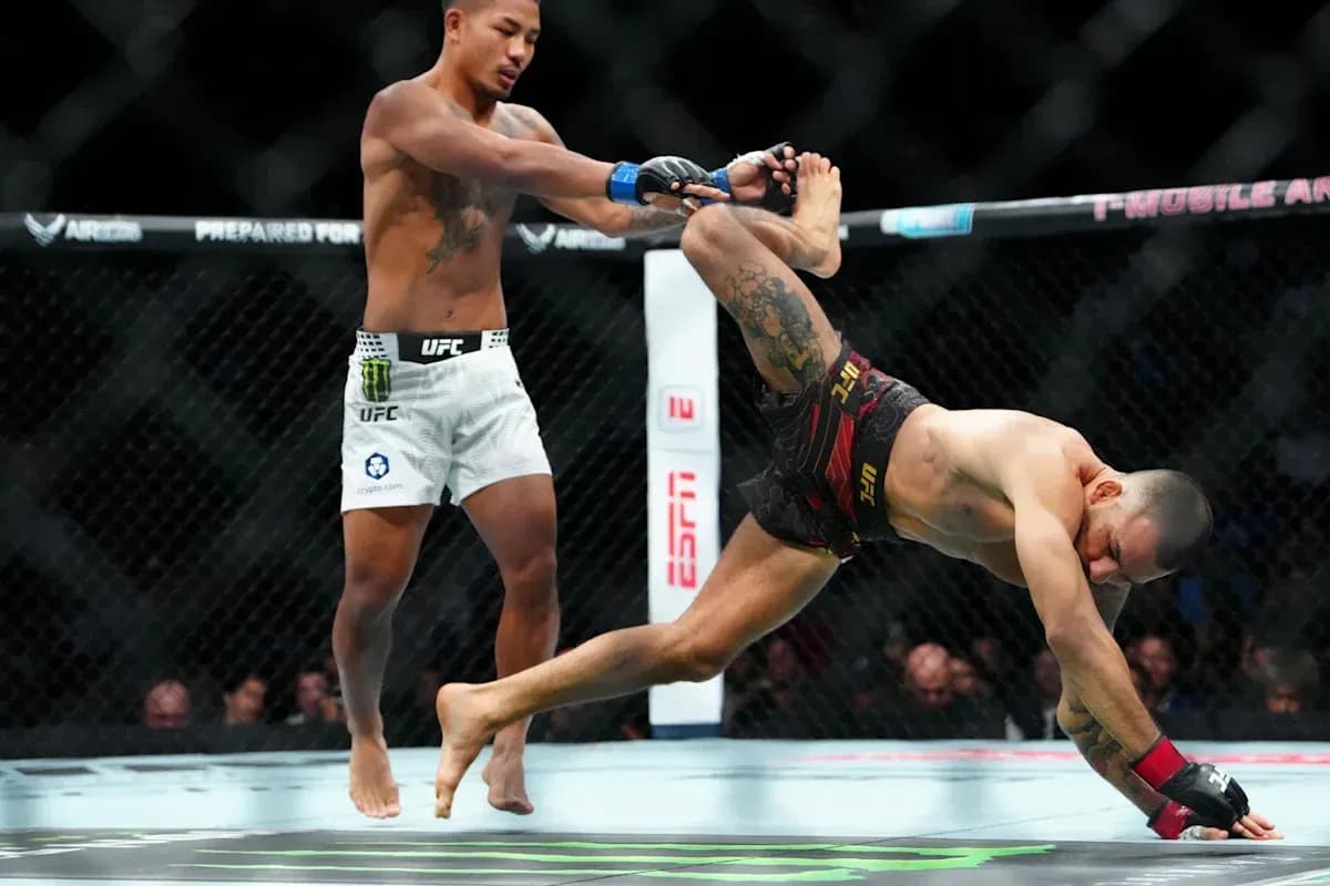 Fighter executing a takedown during UFC match Fighter executing a takedown during UFC match