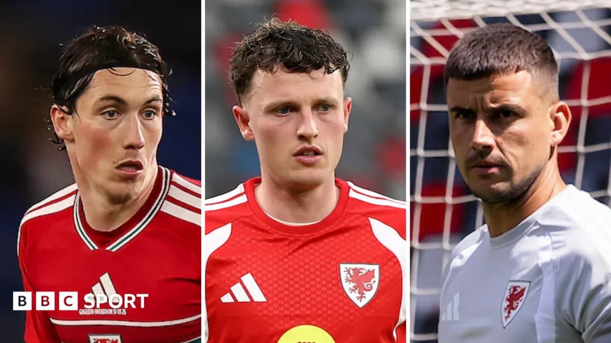 Three Welsh football players in team jerseys Three Welsh football players in team jerseys