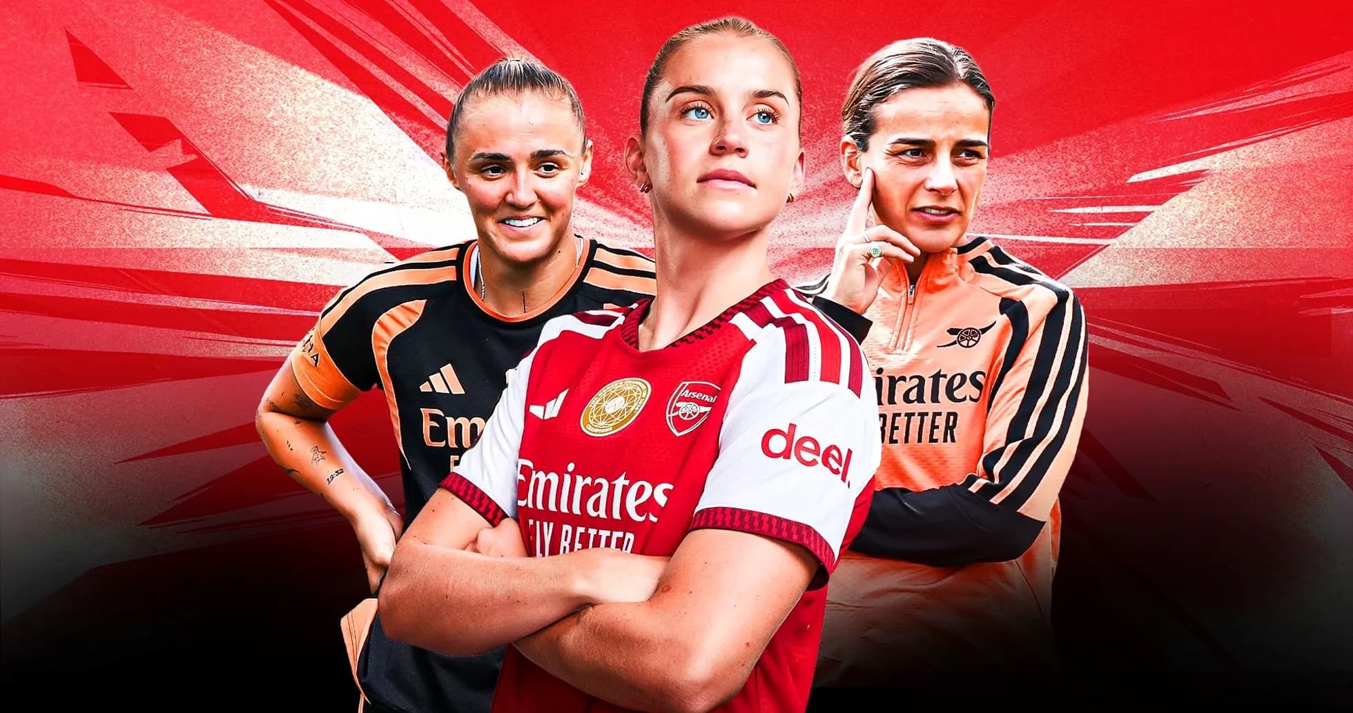 Three Arsenal women players posing together Three Arsenal women players posing together