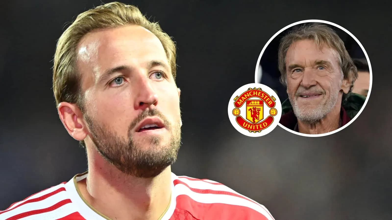 Harry Kane looking on with Manchester United logo Harry Kane looking on with Manchester United logo