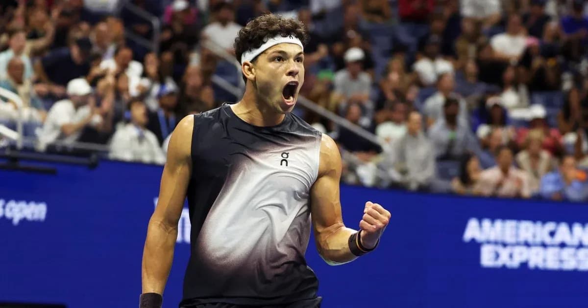 Tennis player celebrating during match at US Open Tennis player celebrating during match at US Open
