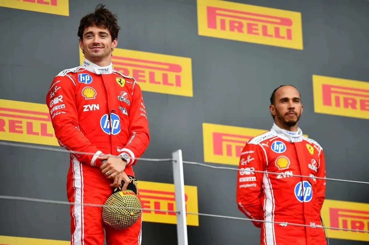 Charles Leclerc and Lewis Hamilton on podium Charles Leclerc and Lewis Hamilton on podium