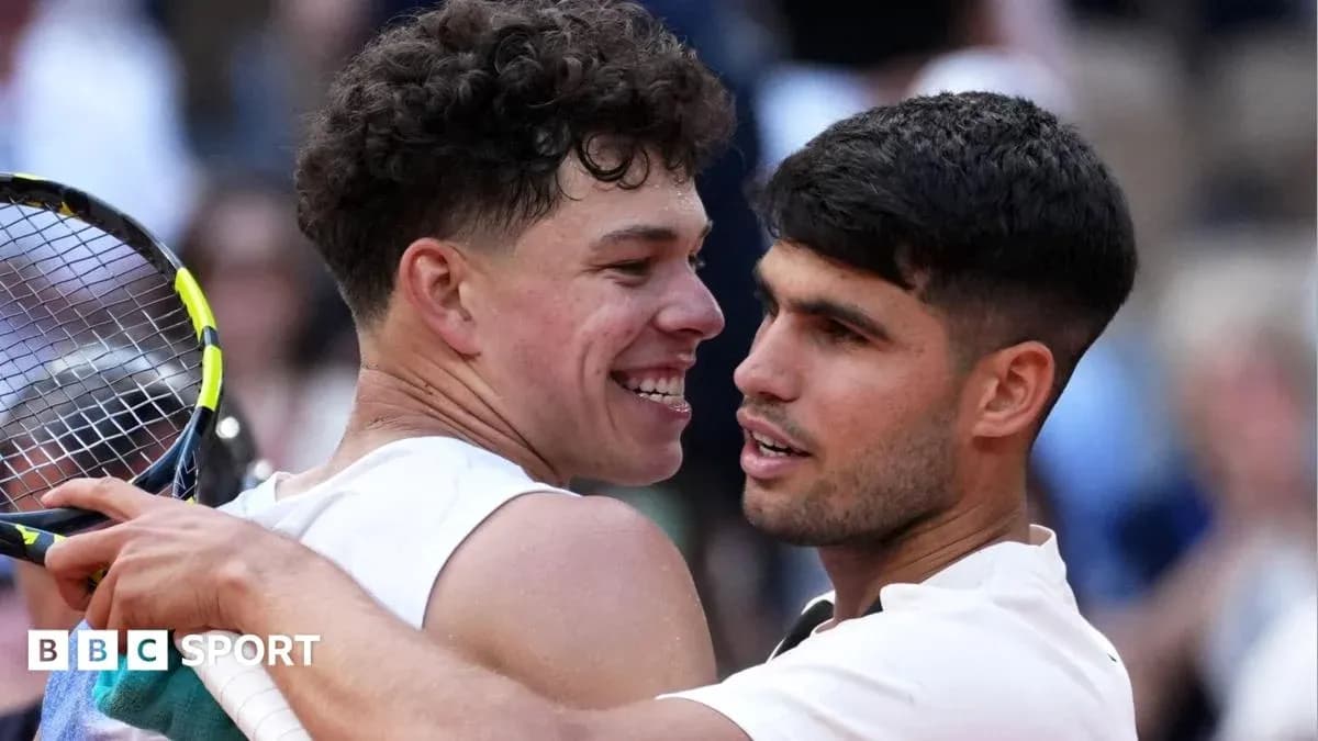 Two tennis players celebrating after a match Two tennis players celebrating after a match