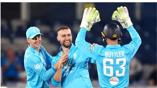 England players celebrating a wicket during match England players celebrating a wicket during match