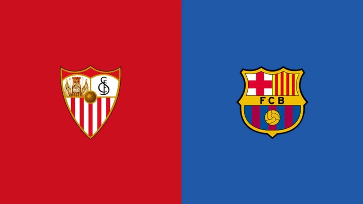 Logos of Sevilla FC and FC Barcelona on colored backgrounds Logos of Sevilla FC and FC Barcelona on colored backgrounds